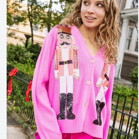 QUEEN OF SPARKLES Pink Nutcracker Cardigan NEW - Picture 3 of 17